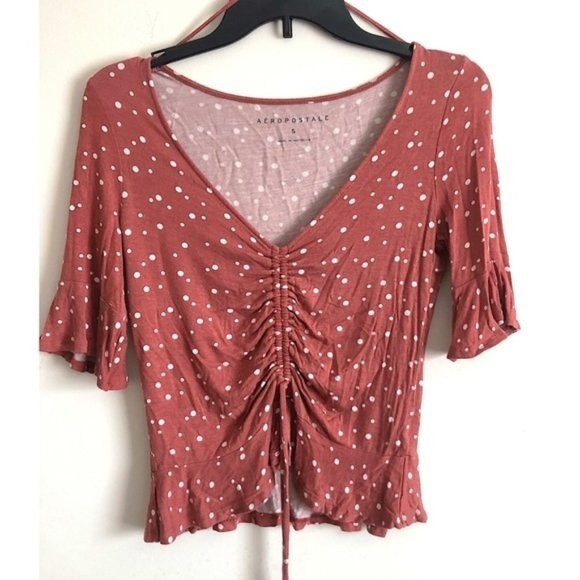 Aeropostale Tops - AEROPOSTALE Rose Pink Polka Dot Draw String Crop Top